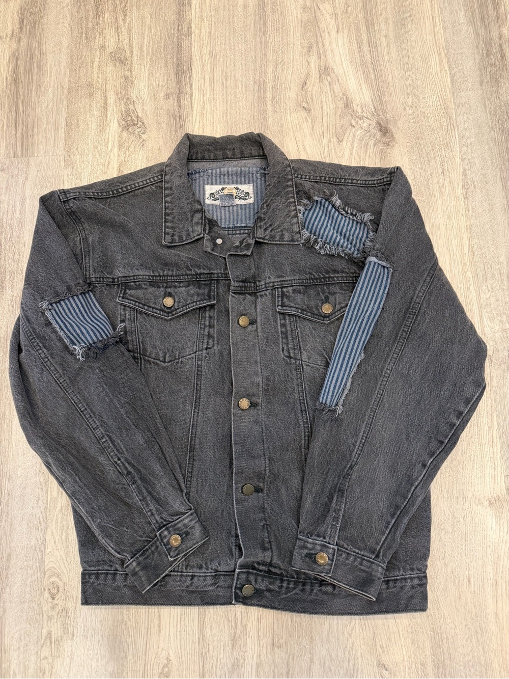 Vintage Tipos Medium Black Distressed Patchwork Denim Jacket